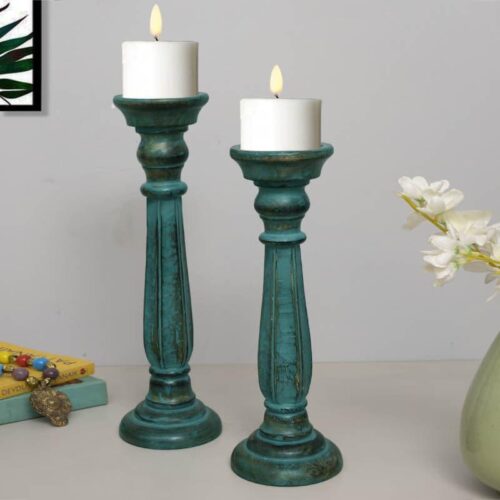 Oceane Wooden Tall Candle Stand – Set Of Two